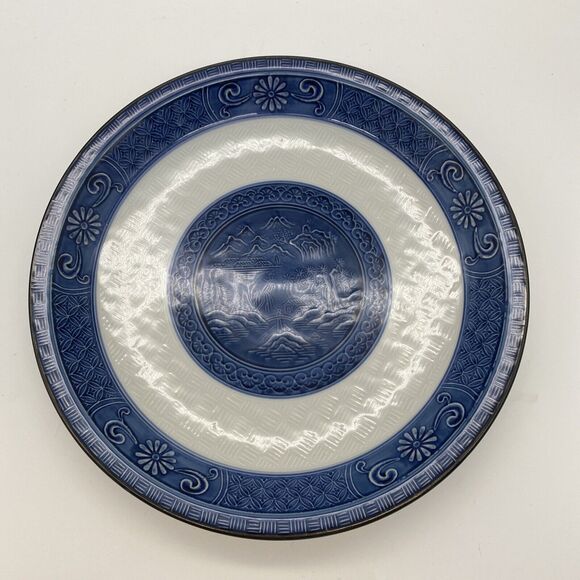 Toyo Blue & White 14” Footed Peony Serving Platter Arita Chop - Picture 1 of 11